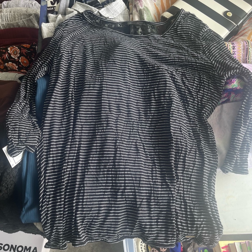 BCBG Stripe 3/4 Sleeve Top with Lace detail